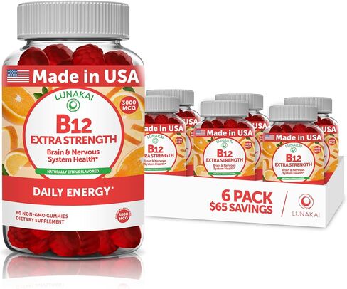 Lunakai USA Made Vitamin B12 Gummies 3000mcg، فيتامينات B12 للطاقة ودعم الدماغ والتمثيل الغذائي، ميثيل كوبالامين للبالغين والنساء والرجال، نباتي غير معدّل وراثيًا، 60 فيتامينات صمغية يومية in Kuwait