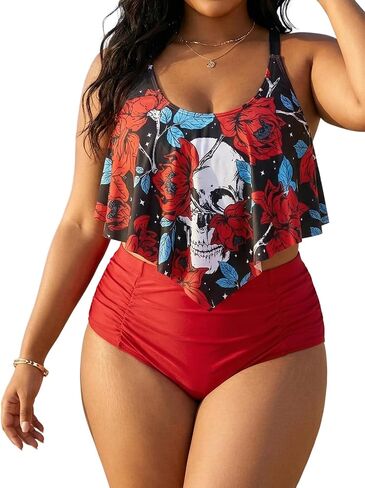 Rosegal Women Plus Size High Waisted Bikini Skull Rose Print Two Piece Bathing Suits Tummy Control Swimwear in Kuwait