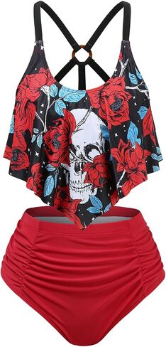 Rosegal Women Plus Size High Waisted Bikini Skull Rose Print Two Piece Bathing Suits Tummy Control Swimwear in Kuwait