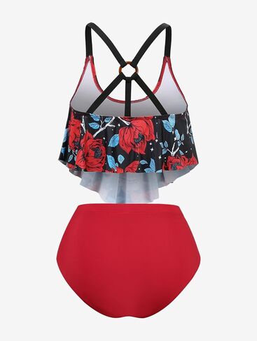 Rosegal Women Plus Size High Waisted Bikini Skull Rose Print Two Piece Bathing Suits Tummy Control Swimwear in Kuwait