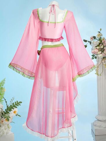 haikyuu Women Retro Two Piece Swimsuit with Wrap Skirt Ruffle Swimsuit Cosplay Pink Cute Swimwear in Kuwait