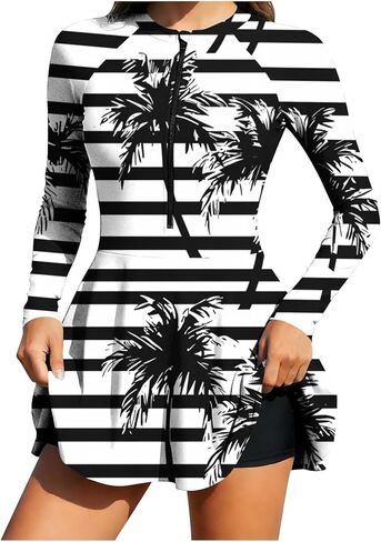 FZYLQY Women's Two Piece Rash Guard Modest Swimsuits Dress Long Sleeve Zipper Surfing Bathing Swimkirt with Shorts UPF 50+ in Saudi Arabia