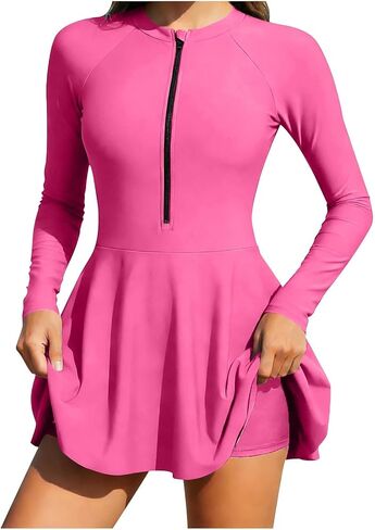 FZYLQY Women's Two Piece Rash Guard Modest Swimsuits Dress Long Sleeve Zipper Surfing Bathing Swimkirt with Shorts UPF 50+ in Saudi Arabia