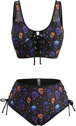 ROSE GAL Women Plus Size Gothic Bikini Sets Skull Stars Print Two Piece Bathing Suits Lace-up Swimwear in Kuwait