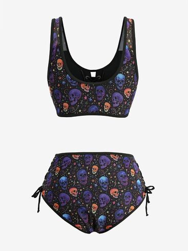ROSE GAL Women Plus Size Gothic Bikini Sets Skull Stars Print Two Piece Bathing Suits Lace-up Swimwear in Kuwait