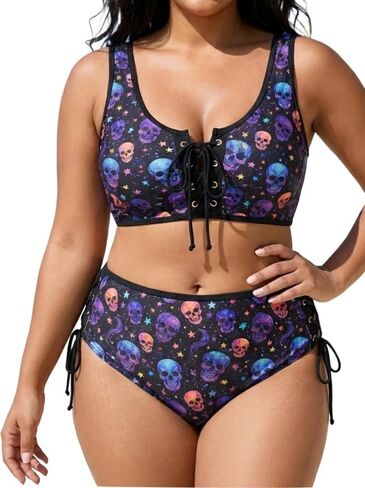 ROSE GAL Women Plus Size Gothic Bikini Sets Skull Stars Print Two Piece Bathing Suits Lace-up Swimwear in Kuwait