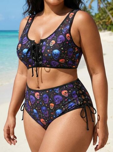 ROSE GAL Women Plus Size Gothic Bikini Sets Skull Stars Print Two Piece Bathing Suits Lace-up Swimwear in Kuwait