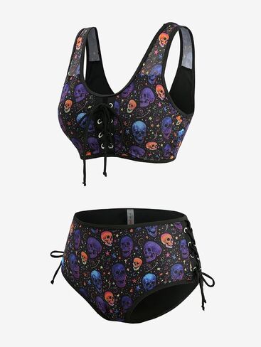 ROSE GAL Women Plus Size Gothic Bikini Sets Skull Stars Print Two Piece Bathing Suits Lace-up Swimwear in Kuwait