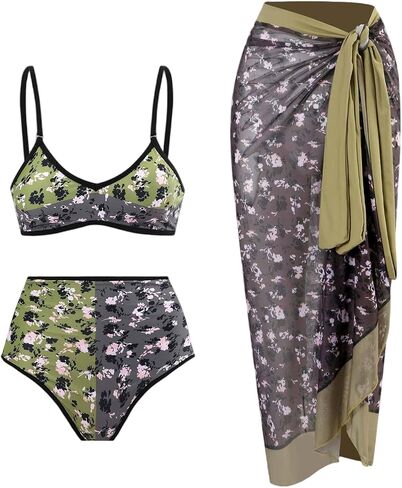 Women's Sexy Strappy Printed Three-Piece Swimwear Set with High-Waisted, Figure-Flattering Beachwear in Kuwait
