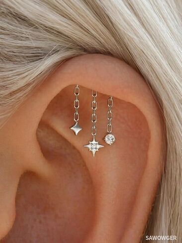 16G F136 Titanium Vertical Helix Piercing Stud, Upward-Facing Post Threadless Push Pin Flat Back Stud, Patent-Pending Triple Star Chain Dangle Floating Helix Earring, Hidden Rook Jewelry Includes 6mm & 8mm in Saudi Arabia