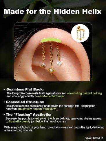 16G F136 Titanium Vertical Helix Piercing Stud, Upward-Facing Post Threadless Push Pin Flat Back Stud, Patent-Pending Triple Star Chain Dangle Floating Helix Earring, Hidden Rook Jewelry Includes 6mm & 8mm in Saudi Arabia