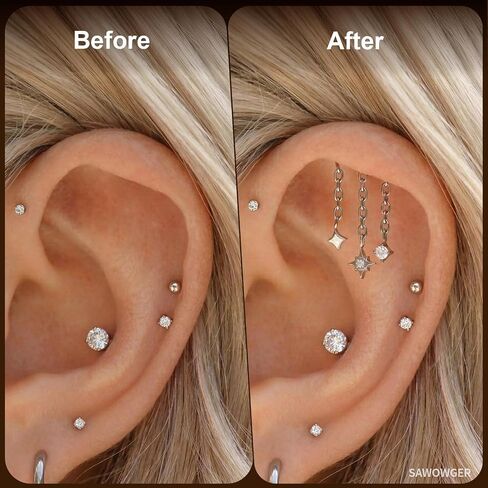 16G F136 Titanium Vertical Helix Piercing Stud, Upward-Facing Post Threadless Push Pin Flat Back Stud, Patent-Pending Triple Star Chain Dangle Floating Helix Earring, Hidden Rook Jewelry Includes 6mm & 8mm in Saudi Arabia