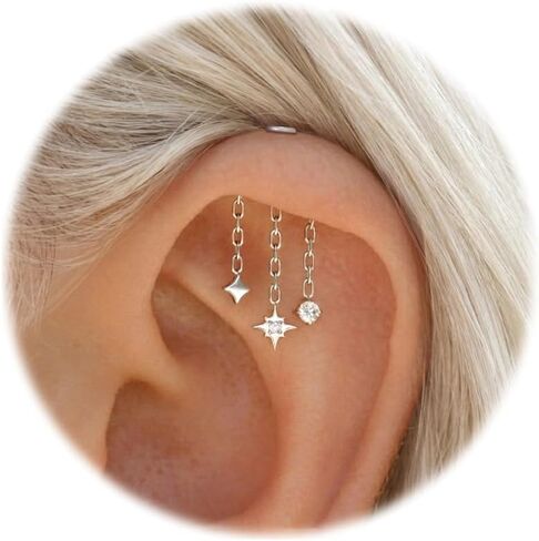 16G F136 Titanium Vertical Helix Piercing Stud, Upward-Facing Post Threadless Push Pin Flat Back Stud, Patent-Pending Triple Star Chain Dangle Floating Helix Earring, Hidden Rook Jewelry Includes 6mm & 8mm in Saudi Arabia