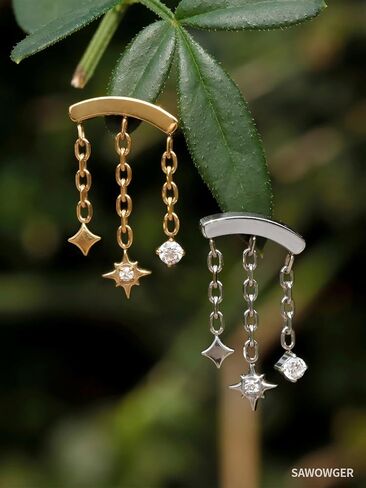 16G F136 Titanium Vertical Helix Piercing Stud, Upward-Facing Post Threadless Push Pin Flat Back Stud, Patent-Pending Triple Star Chain Dangle Floating Helix Earring, Hidden Rook Jewelry Includes 6mm & 8mm in Saudi Arabia