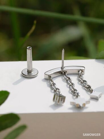 16G F136 Titanium Vertical Helix Piercing Stud, Upward-Facing Post Threadless Push Pin Flat Back Stud, Patent-Pending Triple Star Chain Dangle Floating Helix Earring, Hidden Rook Jewelry Includes 6mm & 8mm in Saudi Arabia