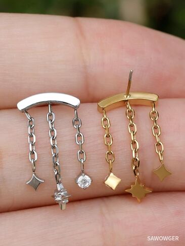 16G F136 Titanium Vertical Helix Piercing Stud, Upward-Facing Post Threadless Push Pin Flat Back Stud, Patent-Pending Triple Star Chain Dangle Floating Helix Earring, Hidden Rook Jewelry Includes 6mm & 8mm in Saudi Arabia