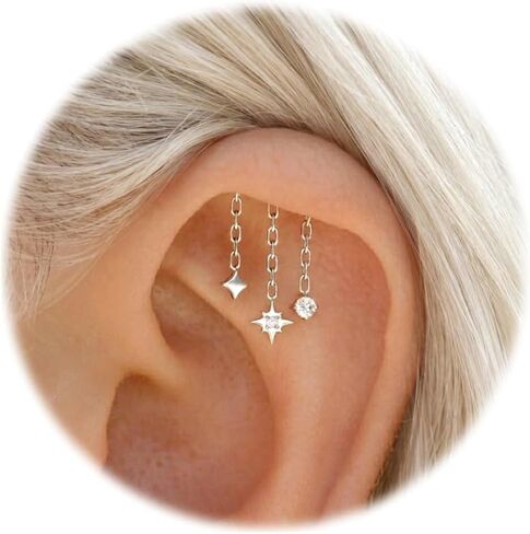 16G F136 Titanium Vertical Helix Piercing Stud, Upward-Facing Post Threadless Push Pin Flat Back Stud, Patent-Pending Triple Star Chain Dangle Floating Helix Earring, Hidden Rook Jewelry Includes 6mm & 8mm in Saudi Arabia
