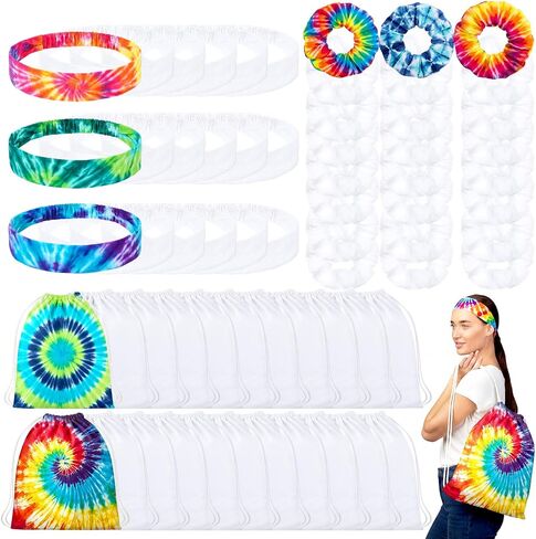 Abbylike 144Pcs Tie Dye Party Supplies with Cotton Drawstring Backpacks White Scrunchies Hair Ties Elastic Headbands for DIY Tie Dye in Kuwait