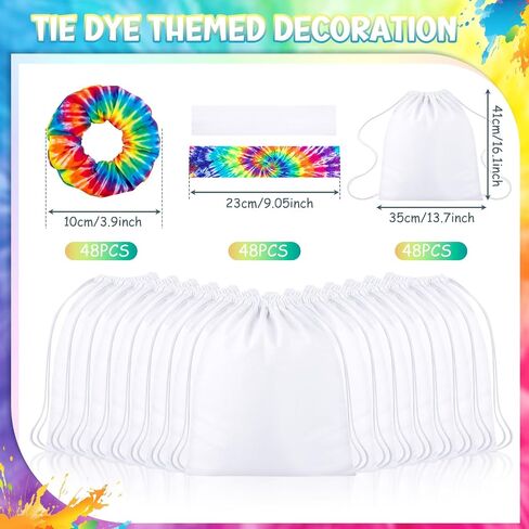 Abbylike 144Pcs Tie Dye Party Supplies with Cotton Drawstring Backpacks White Scrunchies Hair Ties Elastic Headbands for DIY Tie Dye in Kuwait