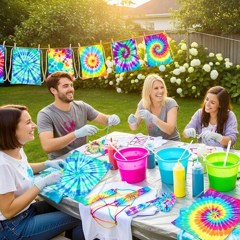 Abbylike 144Pcs Tie Dye Party Supplies with Cotton Drawstring Backpacks White Scrunchies Hair Ties Elastic Headbands for DIY Tie Dye in Kuwait