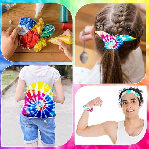 Abbylike 144Pcs Tie Dye Party Supplies with Cotton Drawstring Backpacks White Scrunchies Hair Ties Elastic Headbands for DIY Tie Dye in Kuwait