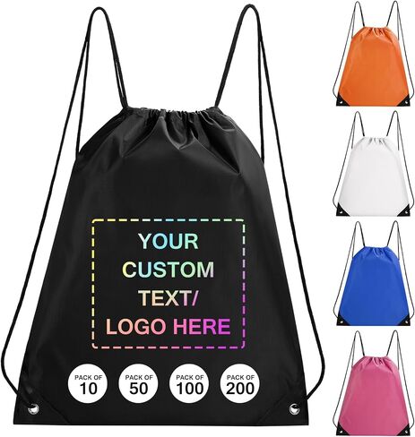 Custom Drawstring Backpack with Logo & Text, 10/50/100/200/500 Bulk Personalized Drawstring Bags with Logo for Promotional Gifts Party Fovors Trade Shows, 210D Polyester,16.9x13.4in,12 Colors in Saudi Arabia