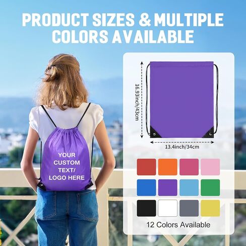 Custom Drawstring Backpack with Logo & Text, 10/50/100/200/500 Bulk Personalized Drawstring Bags with Logo for Promotional Gifts Party Fovors Trade Shows, 210D Polyester,16.9x13.4in,12 Colors in Saudi Arabia