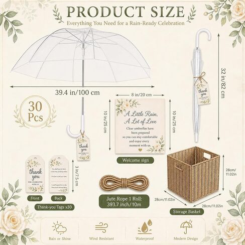 30PCS Clear Umbrella Wedding Bulk, High-Visibility Dome Rain Umbrellas for 50–80 Wedding Guests with Storage Box, Thank You Tag, Welcome Sign, Windproof Auto Open Umbrellas for Outdoor Wedding Photography in Kuwait