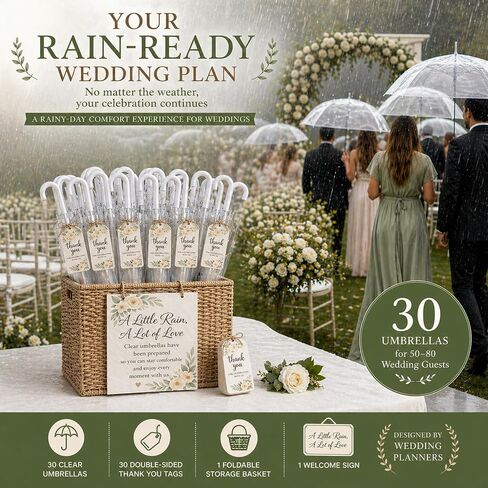 30PCS Clear Umbrella Wedding Bulk, High-Visibility Dome Rain Umbrellas for 50–80 Wedding Guests with Storage Box, Thank You Tag, Welcome Sign, Windproof Auto Open Umbrellas for Outdoor Wedding Photography in Kuwait