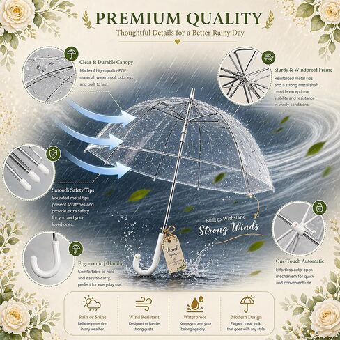 30PCS Clear Umbrella Wedding Bulk, High-Visibility Dome Rain Umbrellas for 50–80 Wedding Guests with Storage Box, Thank You Tag, Welcome Sign, Windproof Auto Open Umbrellas for Outdoor Wedding Photography in Kuwait
