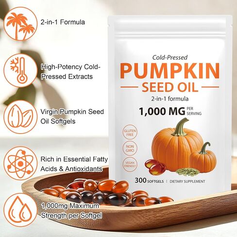 Pumpkin Seed Oil Capsules for Hair Growth, 300 Softgels for Prostate Health & Hormone Balance, Cold Pressed Pure Virgin Oil, Urinary Support, Skin Care,Non-GMO in Saudi Arabia