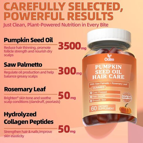 Pumpkin Seed Oil with Saw Palmetto Gummies, 3500mg Per Serving, Cold Pressed, with Rosemary Leaf, Zinc, Hydrolyzed Collagen Peptides, Pumpkin Seed Oil for Hair Growth, Vegan, 60 Counts in Saudi Arabia