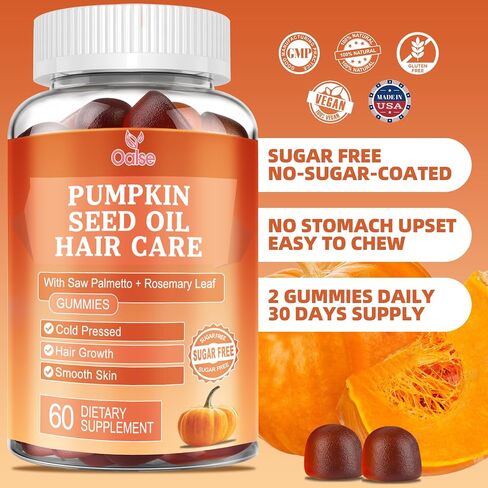 Pumpkin Seed Oil with Saw Palmetto Gummies, 3500mg Per Serving, Cold Pressed, with Rosemary Leaf, Zinc, Hydrolyzed Collagen Peptides, Pumpkin Seed Oil for Hair Growth, Vegan, 60 Counts in Saudi Arabia