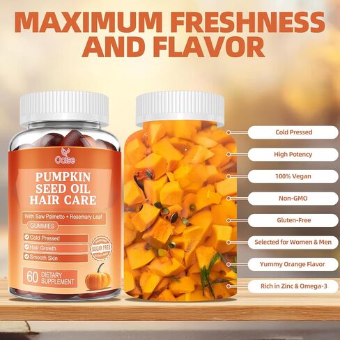 Pumpkin Seed Oil with Saw Palmetto Gummies, 3500mg Per Serving, Cold Pressed, with Rosemary Leaf, Zinc, Hydrolyzed Collagen Peptides, Pumpkin Seed Oil for Hair Growth, Vegan, 60 Counts in Saudi Arabia