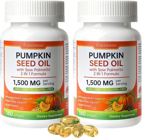 Pumpkin Seed Oil with Saw Palmetto, 180 Softgels, 2-in-1 Cold Pressed Pumpkin Seed Oil Supplement for Prostate, Urinary, Hair & Skin Support, Rich in Omega 6 & 9, Non-GMO, Gluten-Free in Saudi Arabia