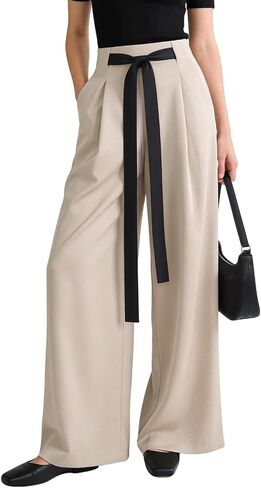 SUMABA Women's Wide Leg Pants High Waisted Casual Tie Knot Pants with Pockets Loose Business Trousers in Saudi Arabia