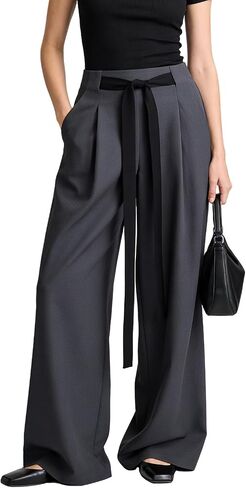 SUMABA Women's Wide Leg Pants High Waisted Casual Tie Knot Pants with Pockets Loose Business Trousers in Saudi Arabia