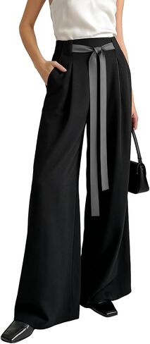 SUMABA Women's Wide Leg Pants High Waisted Casual Tie Knot Pants with Pockets Loose Business Trousers in Saudi Arabia