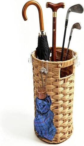 Rattan Umbrella Stand with Drip Tray - Hand Woven Freestanding Entryway Umbrella Holder, Small Rattan Rack Organizer with 4 Hooks for Folding Umbrellas & Canes, 7.5" L x 7.5" W x 16.5" H in Saudi Arabia