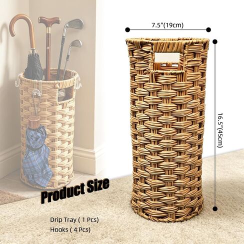 Rattan Umbrella Stand with Drip Tray - Hand Woven Freestanding Entryway Umbrella Holder, Small Rattan Rack Organizer with 4 Hooks for Folding Umbrellas & Canes, 7.5" L x 7.5" W x 16.5" H in Saudi Arabia