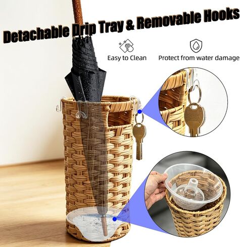 Rattan Umbrella Stand with Drip Tray - Hand Woven Freestanding Entryway Umbrella Holder, Small Rattan Rack Organizer with 4 Hooks for Folding Umbrellas & Canes, 7.5" L x 7.5" W x 16.5" H in Saudi Arabia