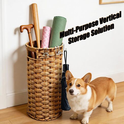 Rattan Umbrella Stand with Drip Tray - Hand Woven Freestanding Entryway Umbrella Holder, Small Rattan Rack Organizer with 4 Hooks for Folding Umbrellas & Canes, 7.5" L x 7.5" W x 16.5" H in Saudi Arabia