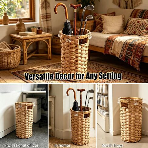 Rattan Umbrella Stand with Drip Tray - Hand Woven Freestanding Entryway Umbrella Holder, Small Rattan Rack Organizer with 4 Hooks for Folding Umbrellas & Canes, 7.5" L x 7.5" W x 16.5" H in Saudi Arabia