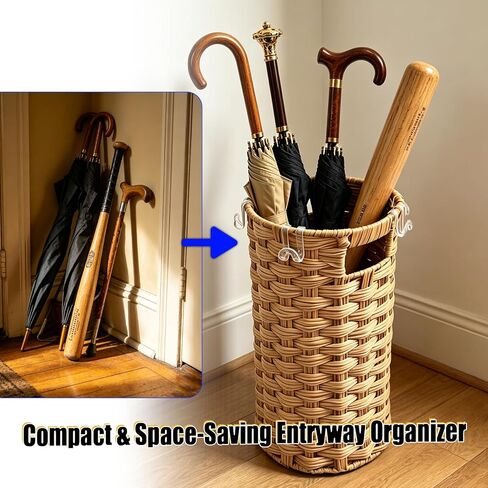 Rattan Umbrella Stand with Drip Tray - Hand Woven Freestanding Entryway Umbrella Holder, Small Rattan Rack Organizer with 4 Hooks for Folding Umbrellas & Canes, 7.5" L x 7.5" W x 16.5" H in Saudi Arabia