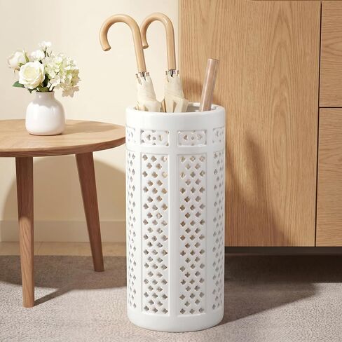 Sawysine White Ceramic Umbrella Stand with Hollow-out Design Heavy Porcelain Umbrella Holder for Entryway 17" Heavy Porcelain Holder for Umbrellas Canes Home Decor Walking Sticks in Kuwait