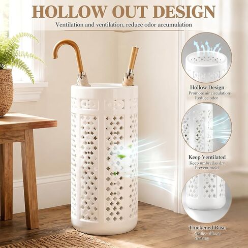 Sawysine White Ceramic Umbrella Stand with Hollow-out Design Heavy Porcelain Umbrella Holder for Entryway 17" Heavy Porcelain Holder for Umbrellas Canes Home Decor Walking Sticks in Kuwait