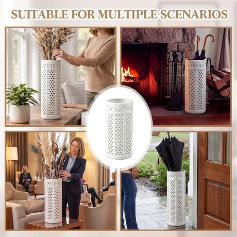 Sawysine White Ceramic Umbrella Stand with Hollow-out Design Heavy Porcelain Umbrella Holder for Entryway 17" Heavy Porcelain Holder for Umbrellas Canes Home Decor Walking Sticks in Kuwait