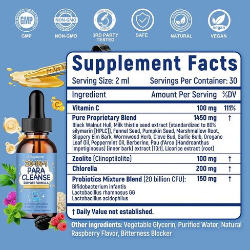 Wormwood Black Walnut Clove Parasite Cleanse for Humans & Kids, 20 in 1 Zeolite, Chlorella, 20 Billion Probiotics, Liquid Detox Support, Gut & Digestive Health Cleanse Drops, Alcohol-Free – 2 Fl. Oz in Saudi Arabia