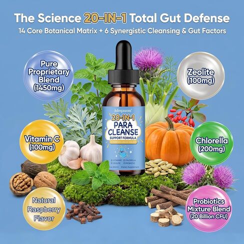 Wormwood Black Walnut Clove Parasite Cleanse for Humans & Kids, 20 in 1 Zeolite, Chlorella, 20 Billion Probiotics, Liquid Detox Support, Gut & Digestive Health Cleanse Drops, Alcohol-Free – 2 Fl. Oz in Saudi Arabia
