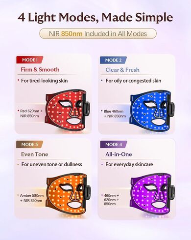 العلاج بالضوء الأحمر للوجه، قناع وجه LED لاسلكي مع 4 أوضاع إضاءة (NIR 850 نانومتر، أحمر 620 نانومتر، أزرق، كهرمان)، 272 مصباح LED، مؤقت 10 دقائق، قابل لإعادة الشحن لبشرة متوهجة في المنزل in Kuwait